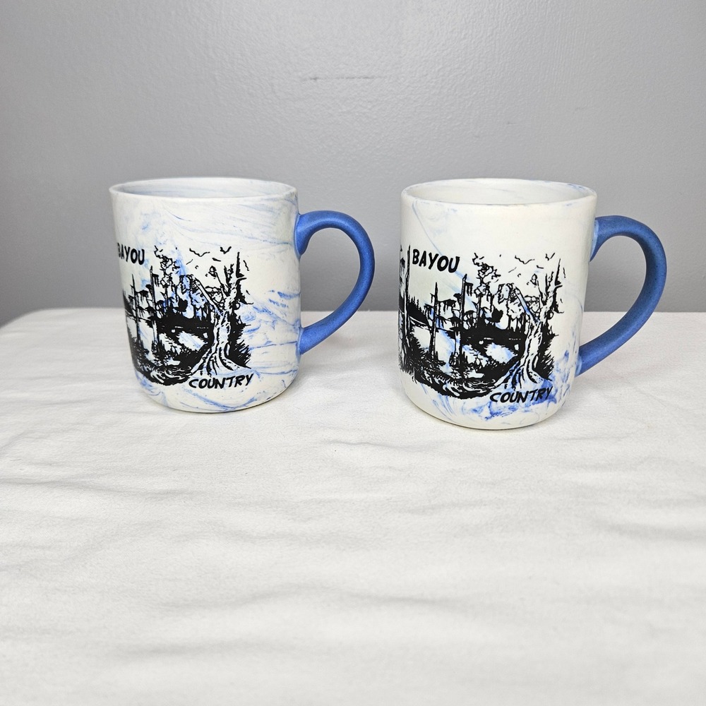 Vtg Bayou Country Louisiana Marbled Ceramic Coffee Mugs Blue White 2pc Souvenir